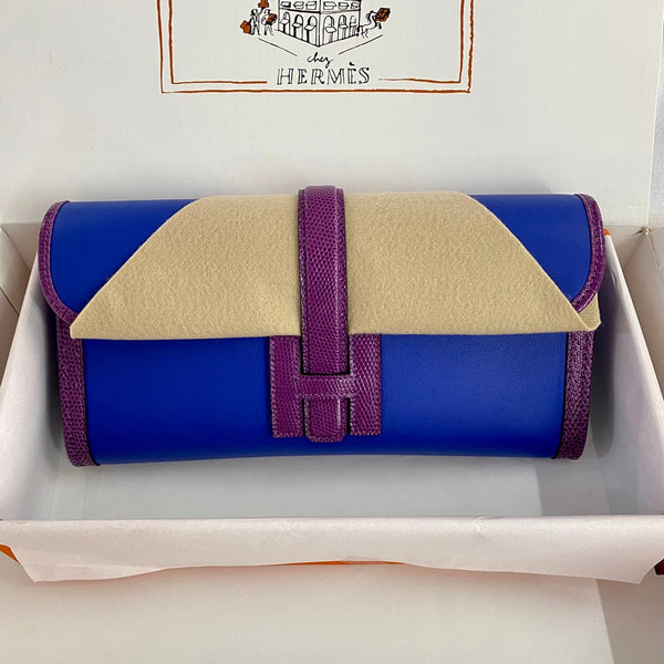 JIGE ELAN 29 CLUTCH IN COBALT BLUE CALFSKIN WITH VIOLET PURPLE LIZARD SKIN (MADE-TO-ODER)