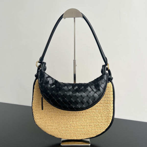 GEMELLI SHOULDER BAG 36 IN BEIGE RAFFIA AND BLACK LAMBSKIN