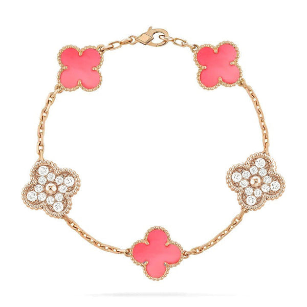 ˇShiny JewelryˇCLOVER 5 MOTIF DIAMOND PINK MOP ROSE GOLD BRACELET