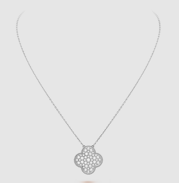 ˇShiny JewelryˇCLOVER 25MM LARGE PENDANT DIAMOND PAVED SILVER NECKLACE