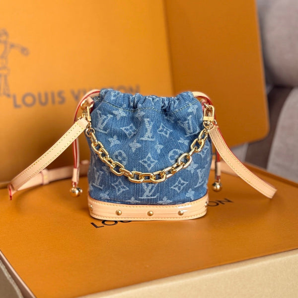 LV 25S NANO NOÉ 20 IN BLUE DENIM MONOGRAM LEATHER TRIM GOLD HARDWARE