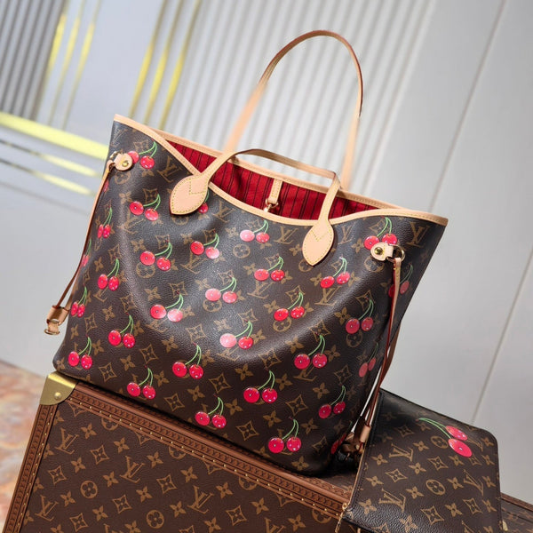 LV 25S NEVERFULL 31 IN DARK BROWN MONOGRAM CHERRY LEATHER TRIM GOLD HARDWARE