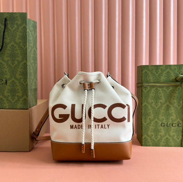 DRAWSTRING SHOULDER BAG LOGO PRINT 31 IN WHITE CANVAS BROWN CALFSKIN