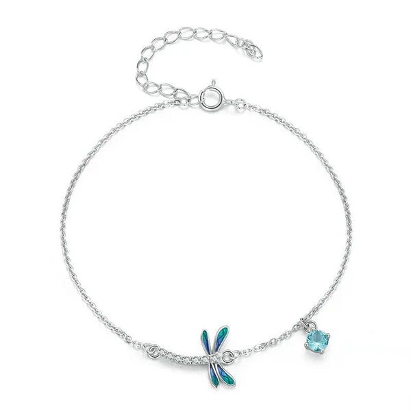[SHINY]Silver Green and Blue Enamel Dragonfly Bracelet Insect Chain Link for Women